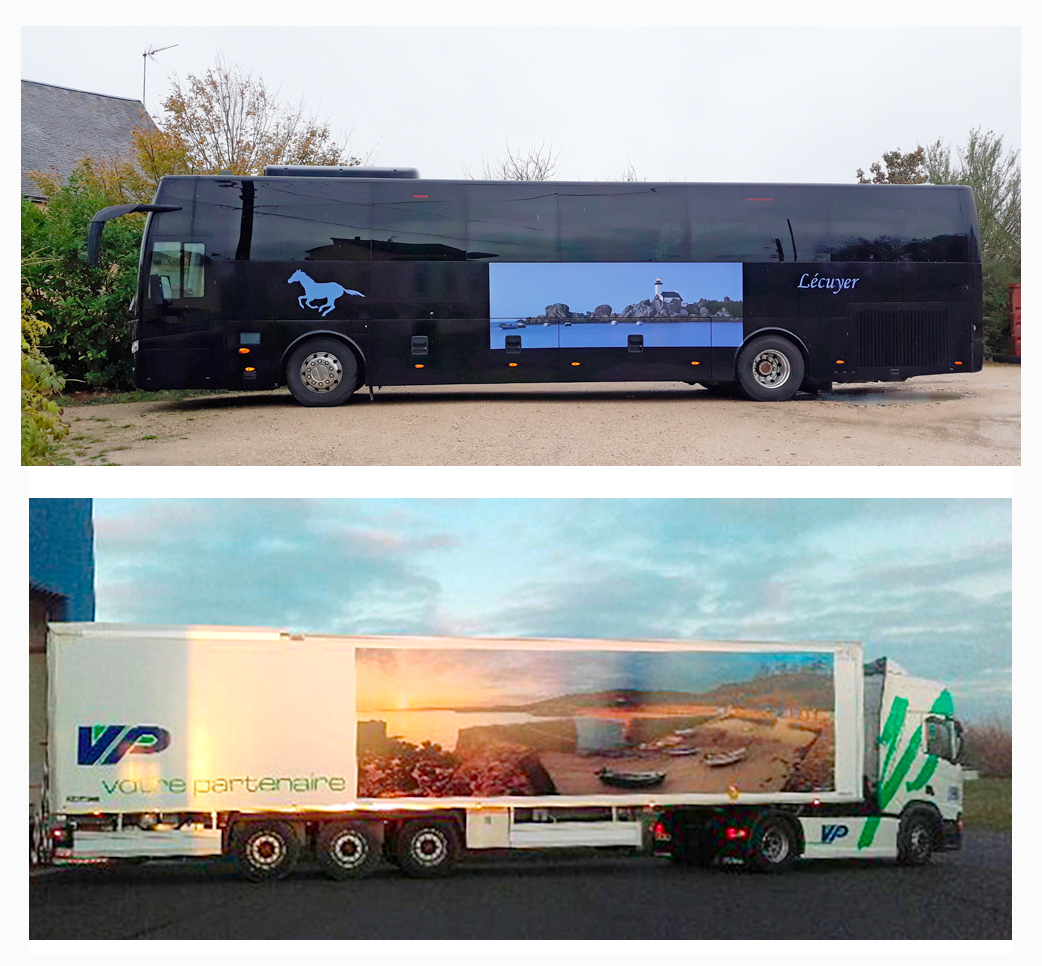 Photos panoramiques utilisées pour décorer un bus et un camion